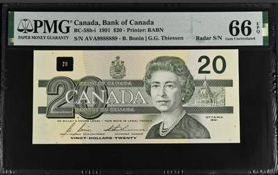 世界靓号纸钞第八十期 - 1991年老版加拿大20元 超级靓号 圆圆号 89组合 雷达号 中间老虎8 PMG66