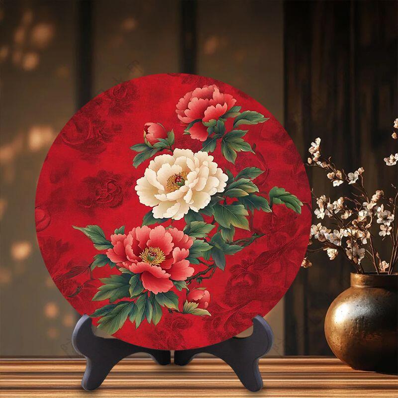 同乐收藏拍卖 牡丹花花开富贵摆件客厅酒柜圆形装饰摆台卧室床头柜走廊玄关摆件