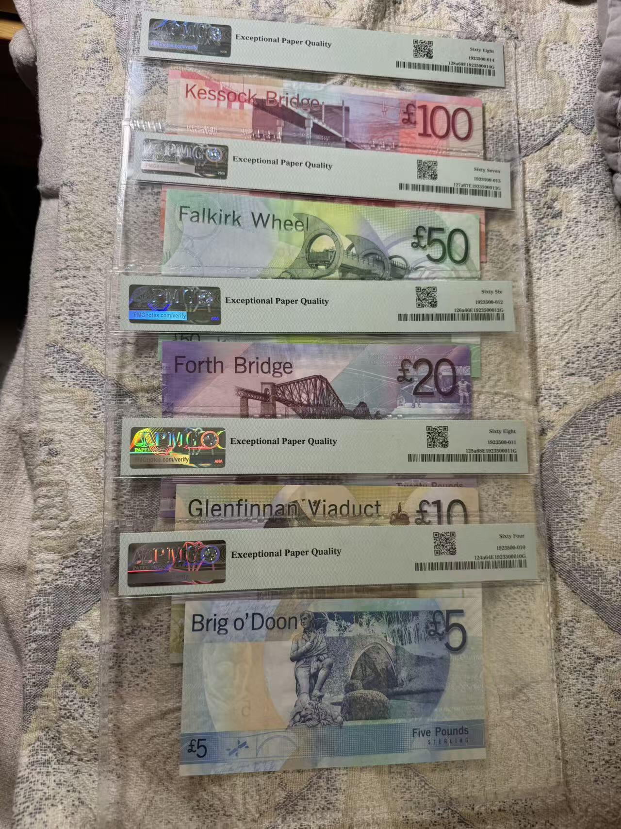 🐍甜小邱世界纸币收藏🐍第139期精品场💐 【AA首发冠000660全同号大全套+无3457倒置号+高分IBNS获奖钞50镑】PMG64/66/67/68 苏格兰 5/10/20/50/100 镑 苏格兰银行出品 2007经典大桥系列