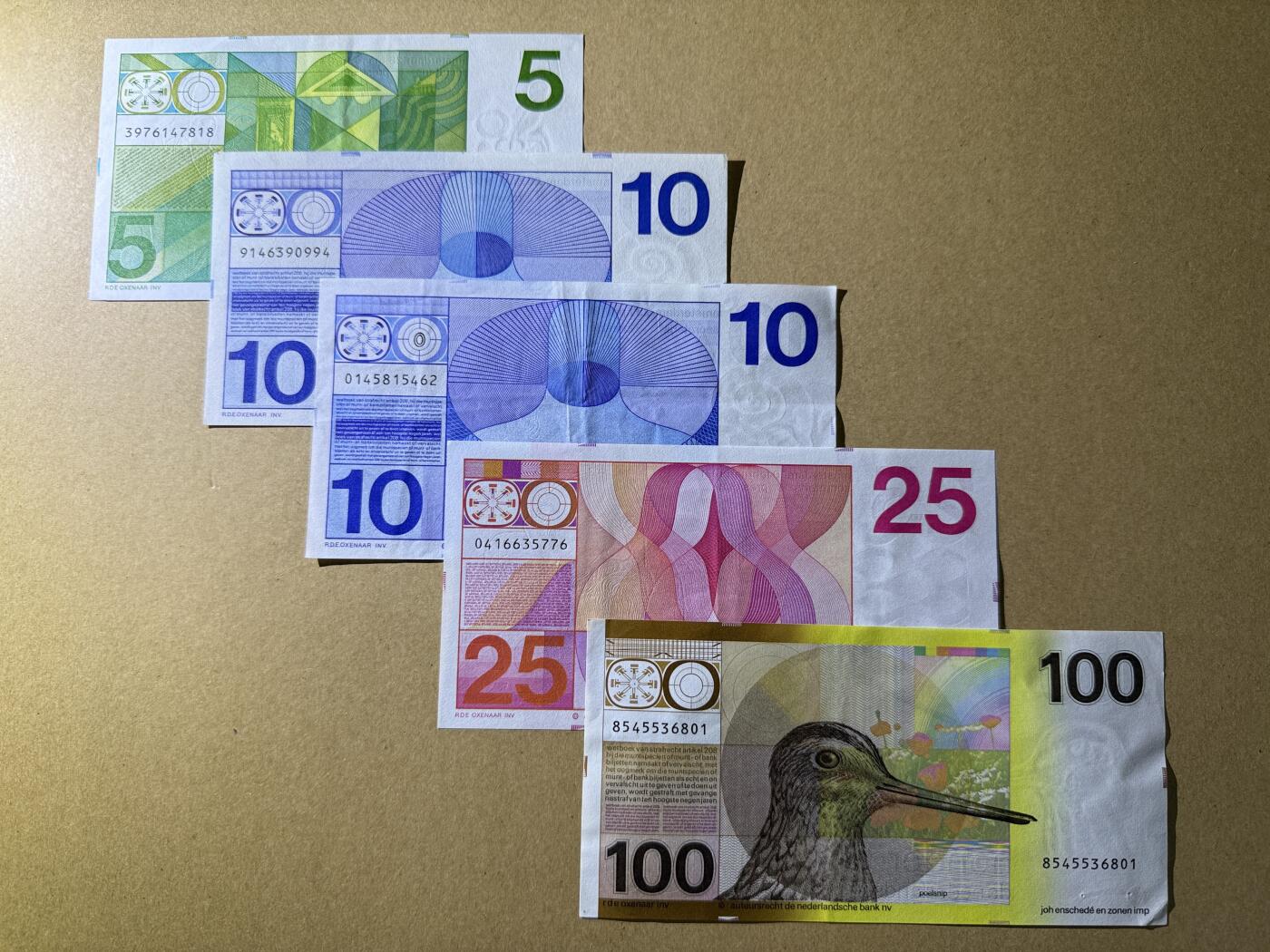 《艾美收藏》第228期-1.11周日外币精品 荷兰盾5张 AU 人像版和水鸟 有张10盾为初版牛眼版