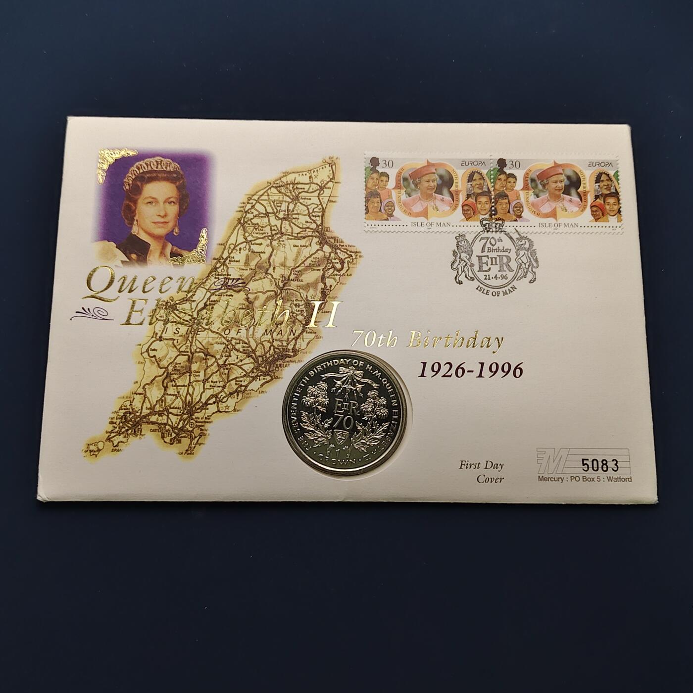 【全场包邮】纯粹捡漏拍492场【封装套币专场】-注意佣金 【邮币封】马恩岛1996年1克朗女王70大寿克朗型纪念邮币封