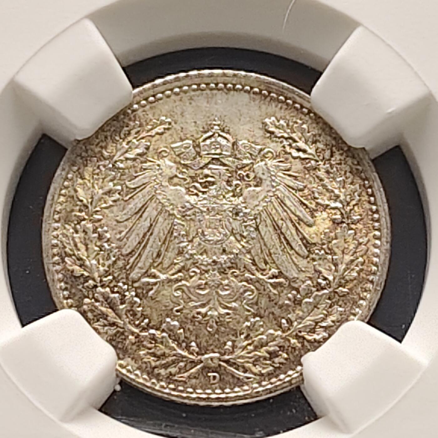 【全场包邮】纯粹捡漏拍493场 【收藏级】德国第二帝国1917年D厂1/2马克银币-NGC MS65