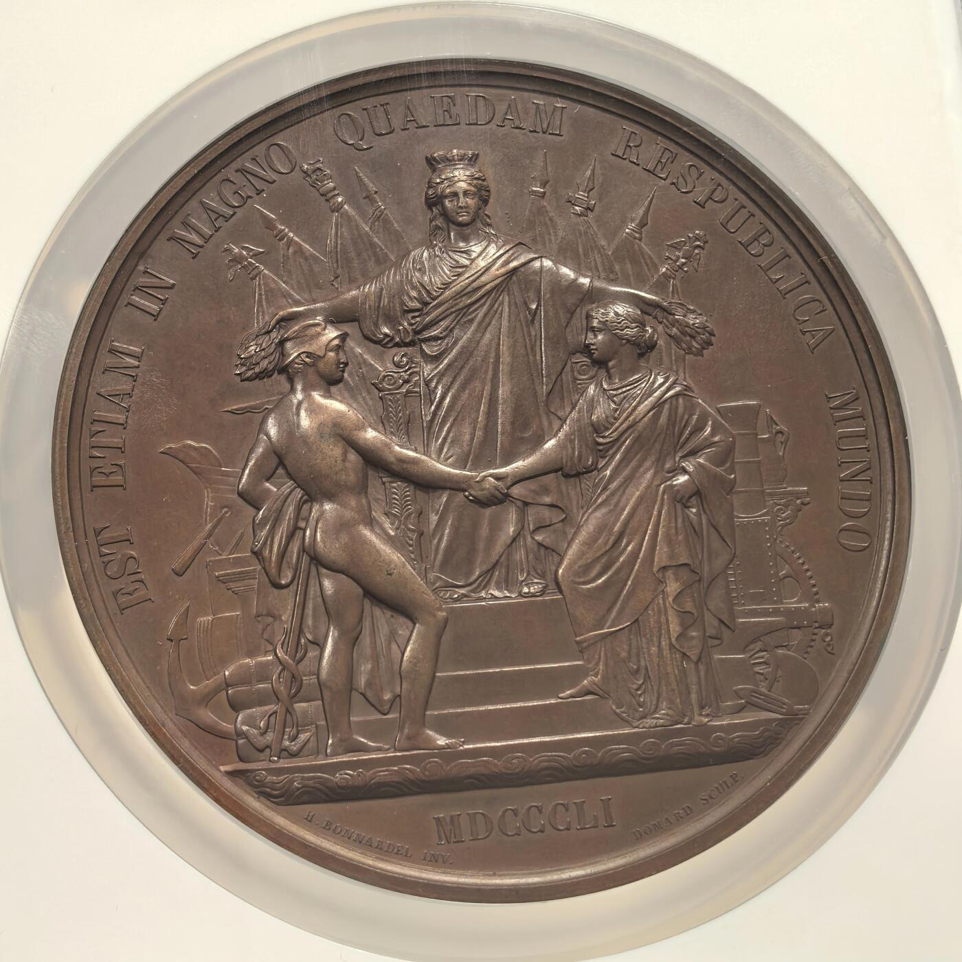 博洋堂世界钱币拍卖第156期（全场包邮） NGC UNC 英国1851年世博会council纪念章，89mm大铜章，330克大重量，边铭刻有受颁公司，表面轻微清理痕迹，整体品相不错。经典品种，铸造量非常少。