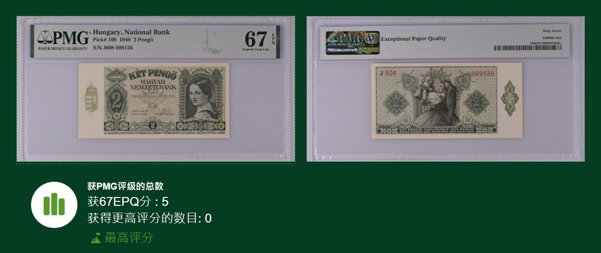 🐍甜小邱世界纸币收藏🐍第139期精品场💐 【冠军分+无347靓号】PMG67 匈牙利 2 潘果 1940