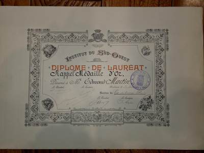 凯旋世界勋赏（第21期冬季大拍）（欢迎送拍）（对拍品有疑问请询问客服，不接受到手刀，出价默认拍品品相。请认真阅读拍卖规则！出价默认已认可！）（收到货请录制开箱视频，无视频概不处理问题。） - 法国西南研究所颁发的金质奖章获奖者证书，是表彰文学领域杰出表现的区域文化荣誉凭证