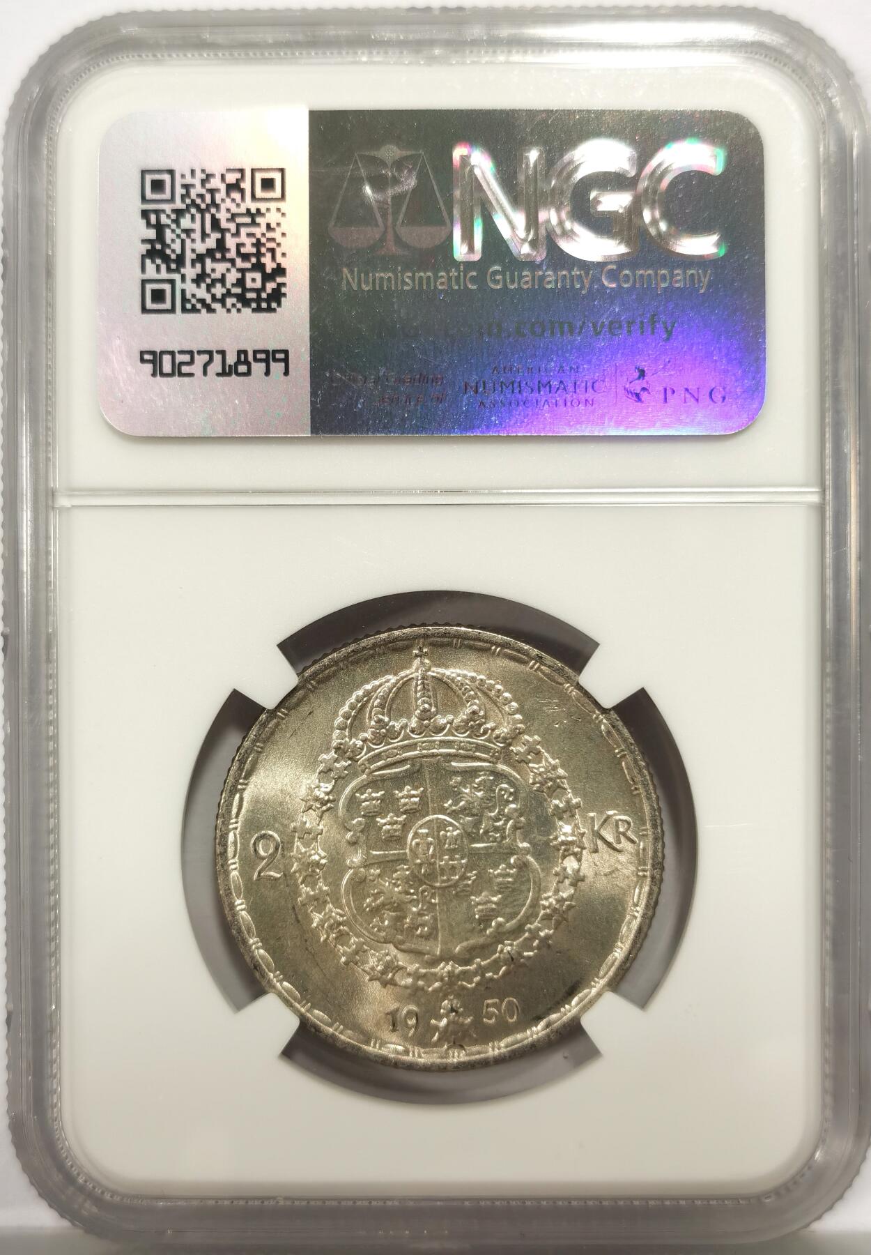 博洋堂世界钱币拍卖第156期（全场包邮） NGC MS64 瑞典1950年古斯塔夫五世2克朗银币