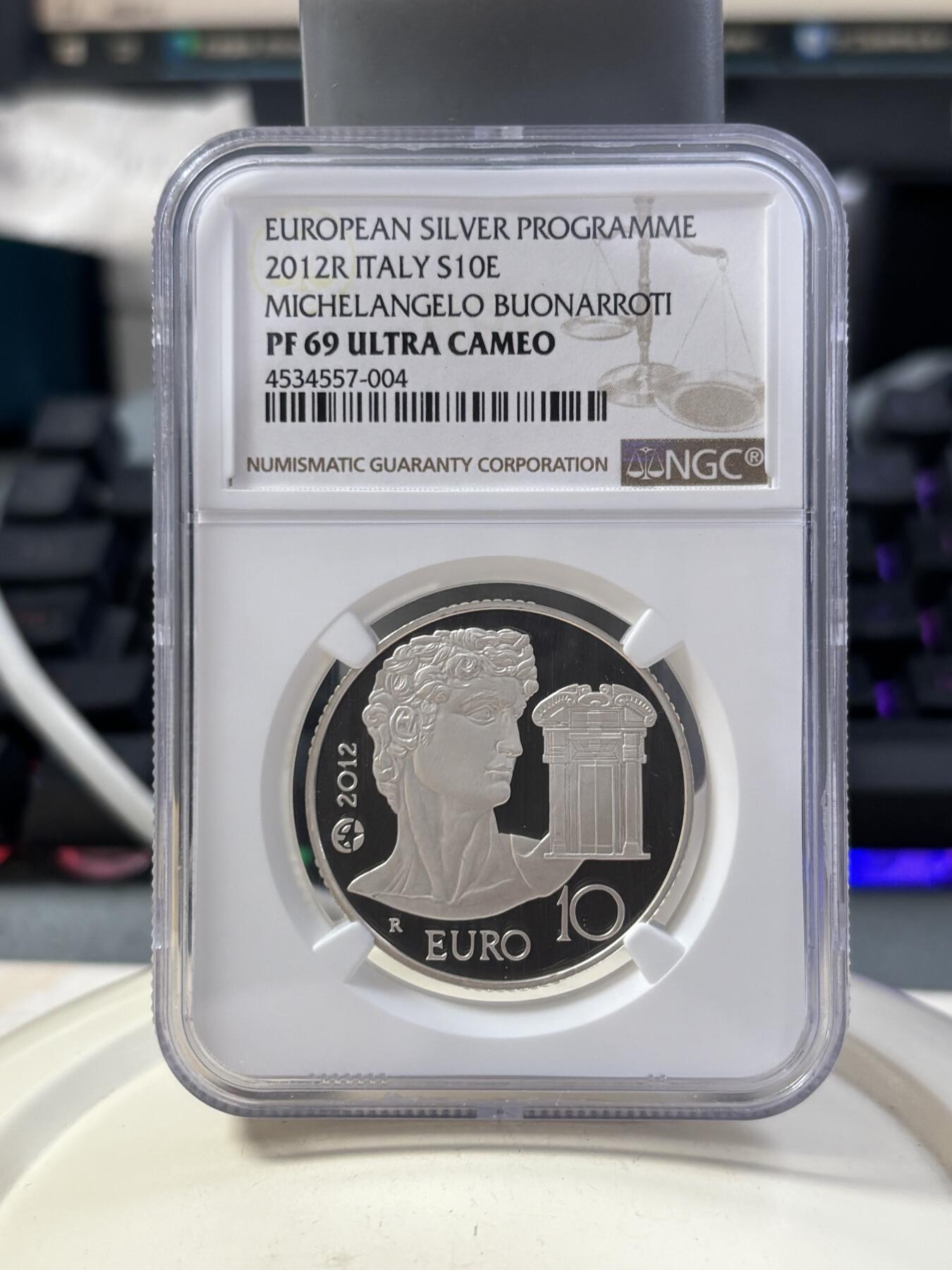 第187期拍卖 意大利2012年开朗基罗和大卫像精制纪念银币NGC-PF69原盒证书，925银，22克，发行17000枚