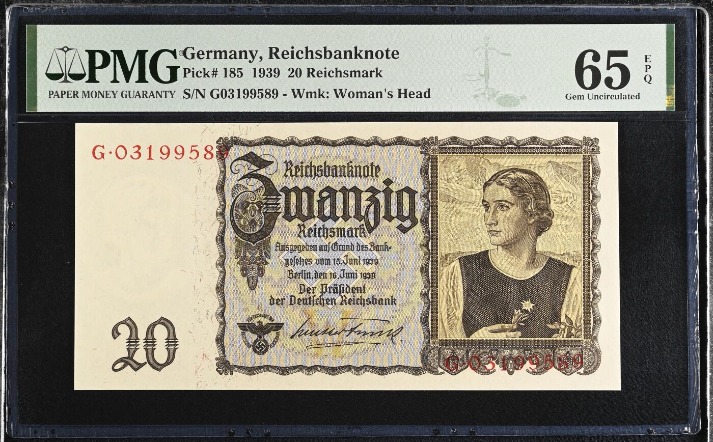 《艾美收藏》第228期-1.11周日外币精品 德国1939年早期老版本20马克PMG65E无47 与上一张连号