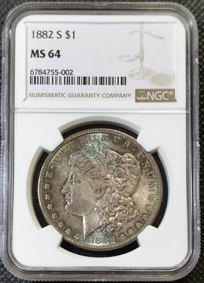 “甄选寰宇 · 臻藏岁华”新年精品场（直播拍卖）-甄臻铺-世界币章拍卖（第47期）送拍享返佣金等优惠多多 - NGC-MS64 美国 1882年S版 摩根$1大银币 原汁原味滴水未沾双面环彩 人面呈现醇厚五彩包浆 鹰面淡黄油彩 细腻底板 潜力品相