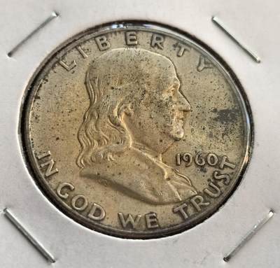 外国优质银币非洲美洲币，周六九点倒数截拍，满百包邮，持续收拍 - 美国1960 年富兰克林半元银币D版，正面是富兰克林头像配 “自由” 字样，背面是独立钟 + 小鹰饰，带 “合众为一” 格言，版式独特、是经典纪念币，收藏辨识度高。