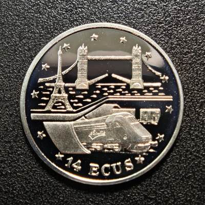 【德藏】世界币章拍卖第161期 - 1994年 直布罗陀欧洲隧道伦敦巴黎14埃斯库多念银币 镜面十足 直径约：29.9mm；重约：10g