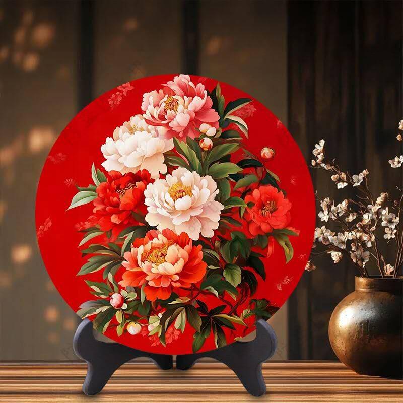 同乐收藏拍卖 牡丹花花开富贵摆件客厅酒柜圆形装饰摆台卧室床头柜走廊玄关摆件