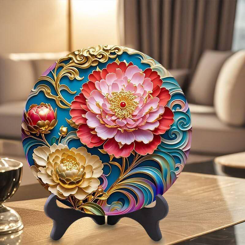 同乐收藏拍卖 招财摆台客厅摆件酒柜书房桌摆圆形牡丹花开富贵家和万事兴褔字