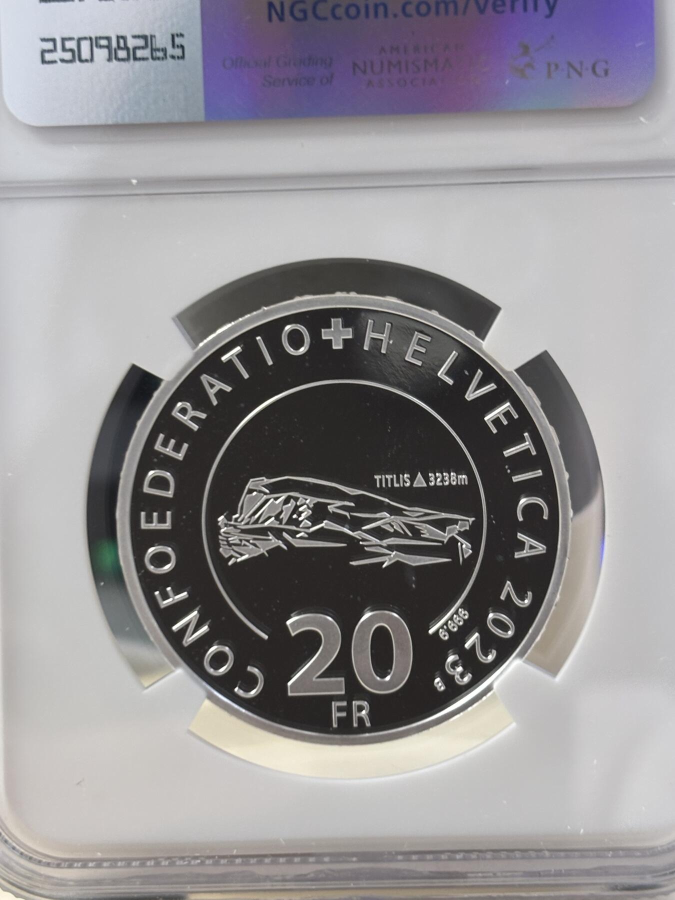 第187期拍卖 瑞士2023年铁力士山缆车精制纪念银币NGC-PF69,9999银，20克