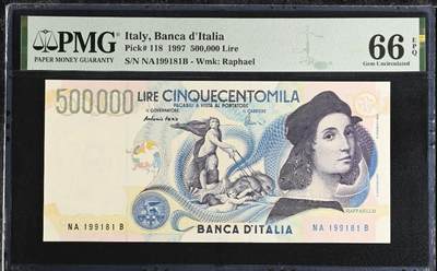 世界靓号纸钞第八十期 - 1997年意大利500000里拉 经典拉斐尔 靓号 倒置号 意大利末版最大面值 PMG66