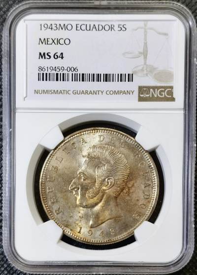 “甄选寰宇 · 臻藏岁华”新年精品场（直播拍卖）-甄臻铺-世界币章拍卖（第47期）送拍享返佣金等优惠多多 - NGC-MS64分厄瓜多尔1943年5苏克雷银币，非白币，带着漂亮的淡彩金光