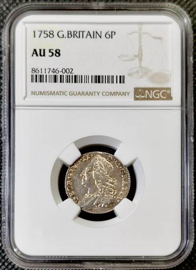 “甄选寰宇 · 臻藏岁华”新年精品场（直播拍卖）-甄臻铺-世界币章拍卖（第47期）送拍享返佣金等优惠多多 - NGC-AU58 1758年乔治二世英国6便士银币，细节清晰，淡淡包浆，疑似低评，转光流畅