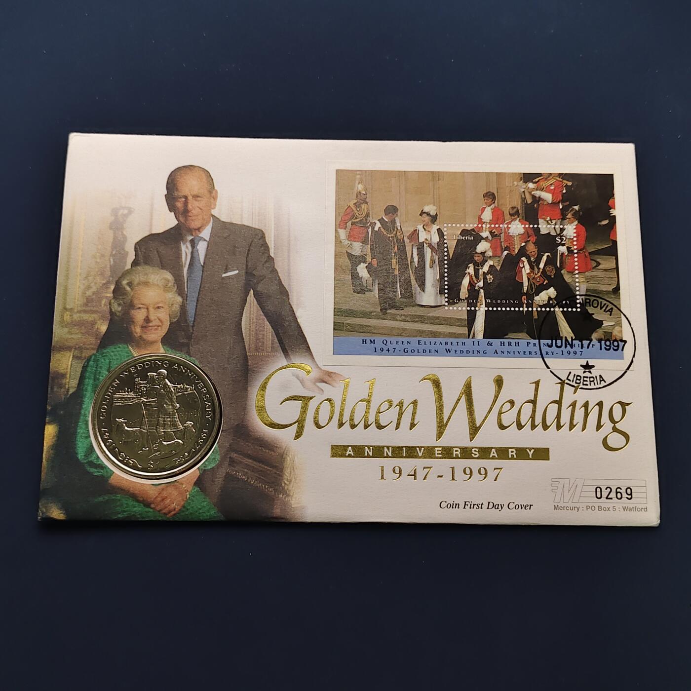 【全场包邮】纯粹捡漏拍492场【封装套币专场】-注意佣金 【邮币封】利比里亚1997年1元女王金婚克朗型纪念邮币封