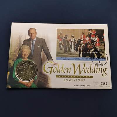 【全场包邮】纯粹捡漏拍492场【封装套币专场】-注意佣金 - 【邮币封】利比里亚1997年1元女王金婚克朗型纪念邮币封