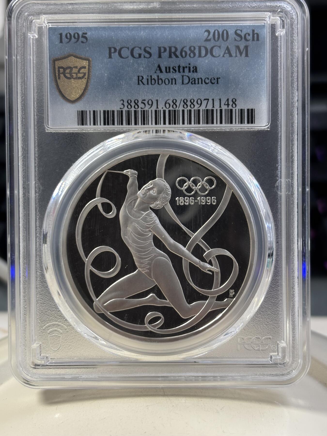 第187期拍卖 获奖币奥地利1995年奥运百年彩带舞1盎司纪念银币PCGS-PR68，1997年世界硬币大奖赛最佳克朗币，925银，