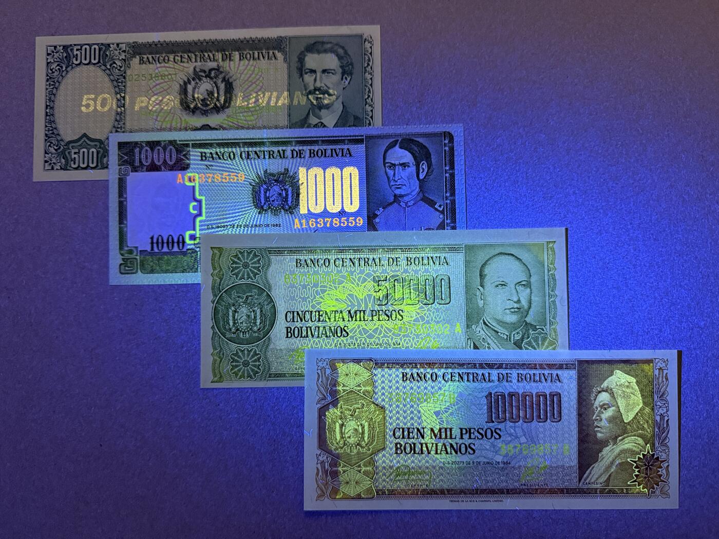 《艾美收藏》第228期-1.11周日外币精品 玻利维亚玻利瓦尔4张 UNC 80年代版本 全程无4