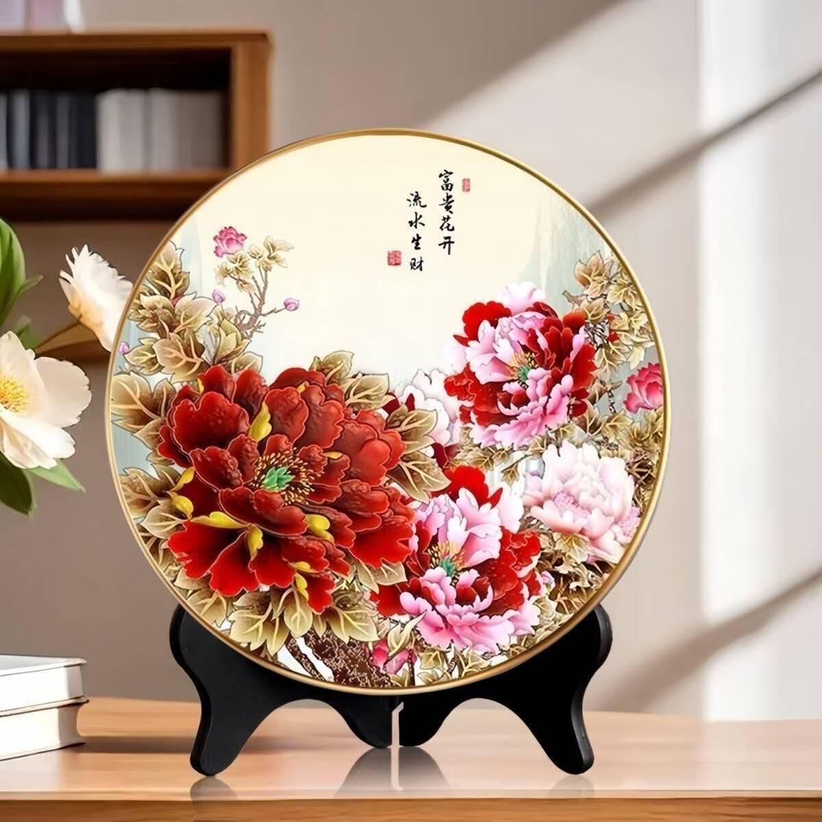 同乐收藏拍卖 招财摆台客厅摆件酒柜书房桌摆圆形牡丹花开富贵家和万事兴褔字