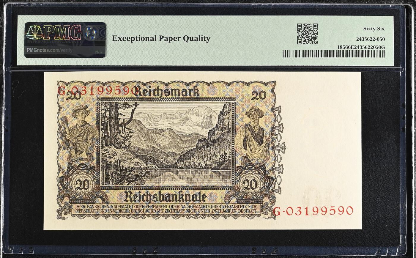 《艾美收藏》第228期-1.11周日外币精品 德国1939年早期老版本20马克PMG66E无47 百年老票 好品难得