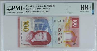 世界靓号纸钞第八十期 - 2020年墨西哥100比索 稀少首发AA冠 全程无347 PMG68 2020年IBNS世界最佳纸币 近些年比较难找的一张