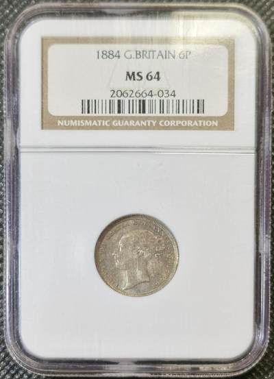“甄选寰宇 · 臻藏岁华”新年精品场（直播拍卖）-甄臻铺-世界币章拍卖（第47期）送拍享返佣金等优惠多多 - NGC-MS64 英国1884年维多利亚小维6便士银币 老白盒很难得 原味英伦包浆