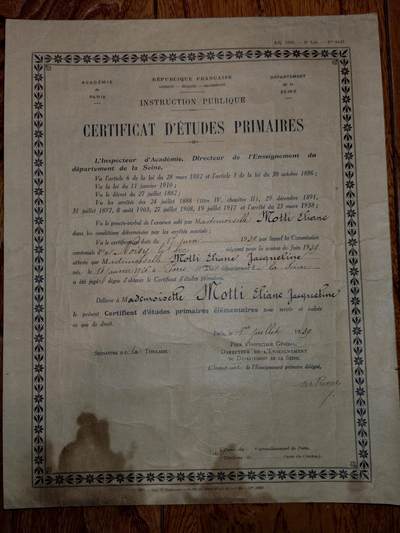 凯旋世界勋赏（第21期冬季大拍）（欢迎送拍）（对拍品有疑问请询问客服，不接受到手刀，出价默认拍品品相。请认真阅读拍卖规则！出价默认已认可！）（收到货请录制开箱视频，无视频概不处理问题。） - 1939年法国巴黎学区颁发的初等教育学业证书，是当时法国完成初等教育的法定凭证