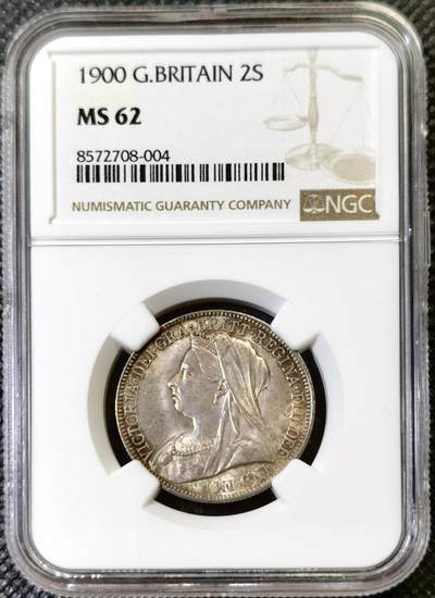 “甄选寰宇 · 臻藏岁华”新年精品场（直播拍卖）-甄臻铺-世界币章拍卖（第47期）送拍享返佣金等优惠多多 - NGC-MS62 1900年英国维多利亚女王2先令银币 披纱弗洛林 NGC-MS62 英伦五彩 转光极佳 最近ngc严评了