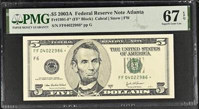 【礼羽收藏】🌏世界钱币拍卖第119期 - 2003A年 5美元 稀少年份（直接到2006年 5美元）星补号 高分PMG67EPQ
