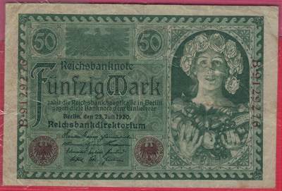 德国1920年50马克 P-68 加盖字母X 七位号码 无4 实物图 八五品  - 德国1920年50马克 P-68 加盖字母X 七位号码 无4 实物图 八五品 