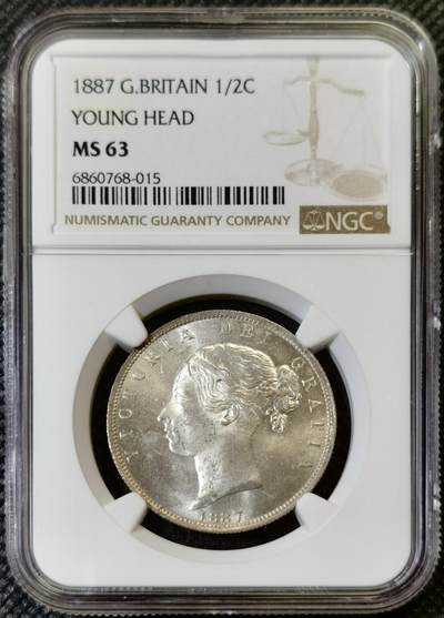“甄选寰宇 · 臻藏岁华”新年精品场（直播拍卖）-甄臻铺-世界币章拍卖（第47期）送拍享返佣金等优惠多多 - NGC-MS63 1887年维多利亚女王，年轻头像半克朗，麦稀奇已经许久没有出现了，打制细节极好，PL质感底板，该版本半克朗及其少见，最近64分已经破万，精品中的精品