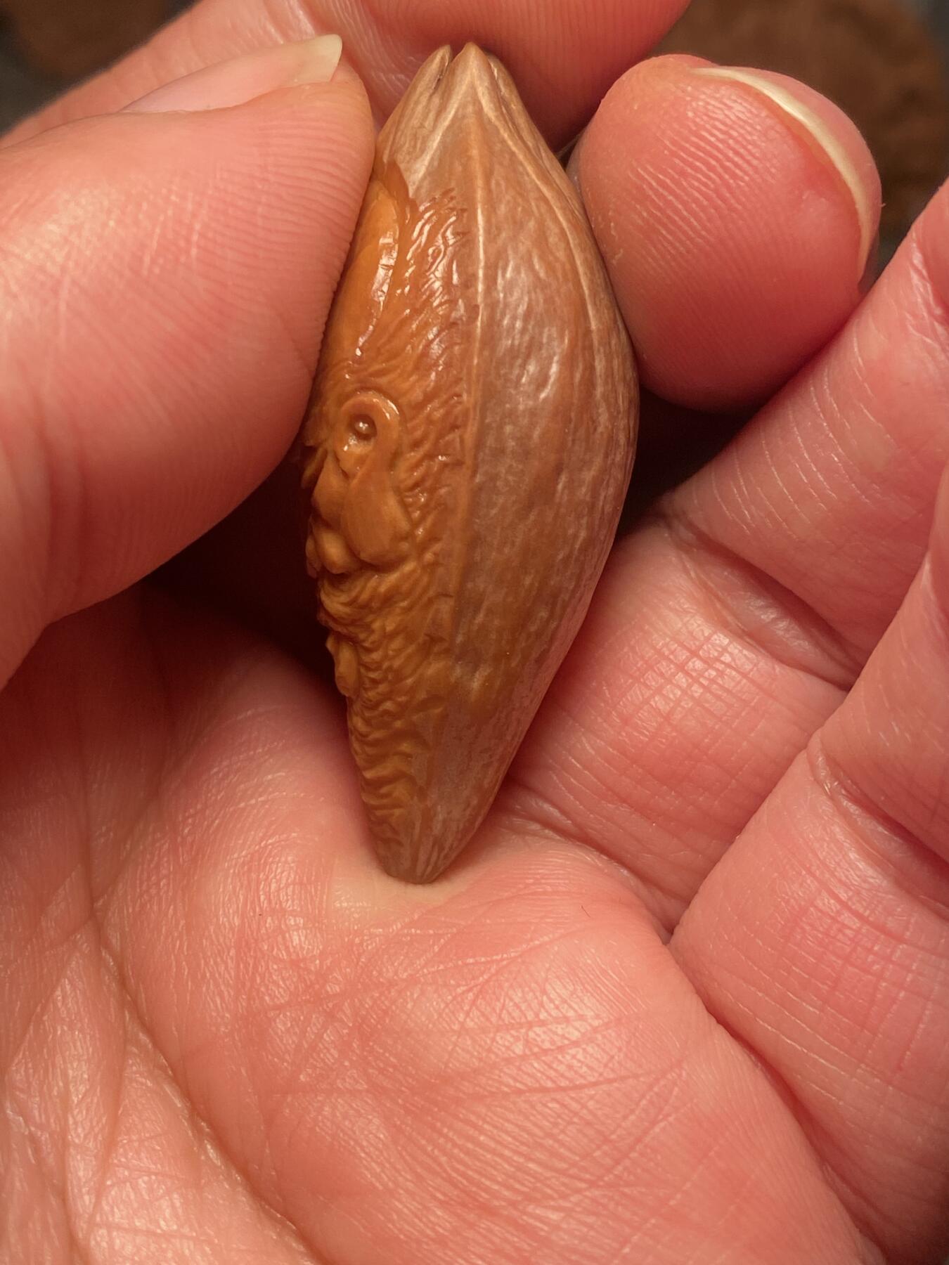 苏工名家王红秋个人作品展示 苏工核雕纯手工雕刻，老苏工诺距罗尊者，四花梅林大核，个性十足，市场无同款，尺寸2。18x4.6喜欢的来