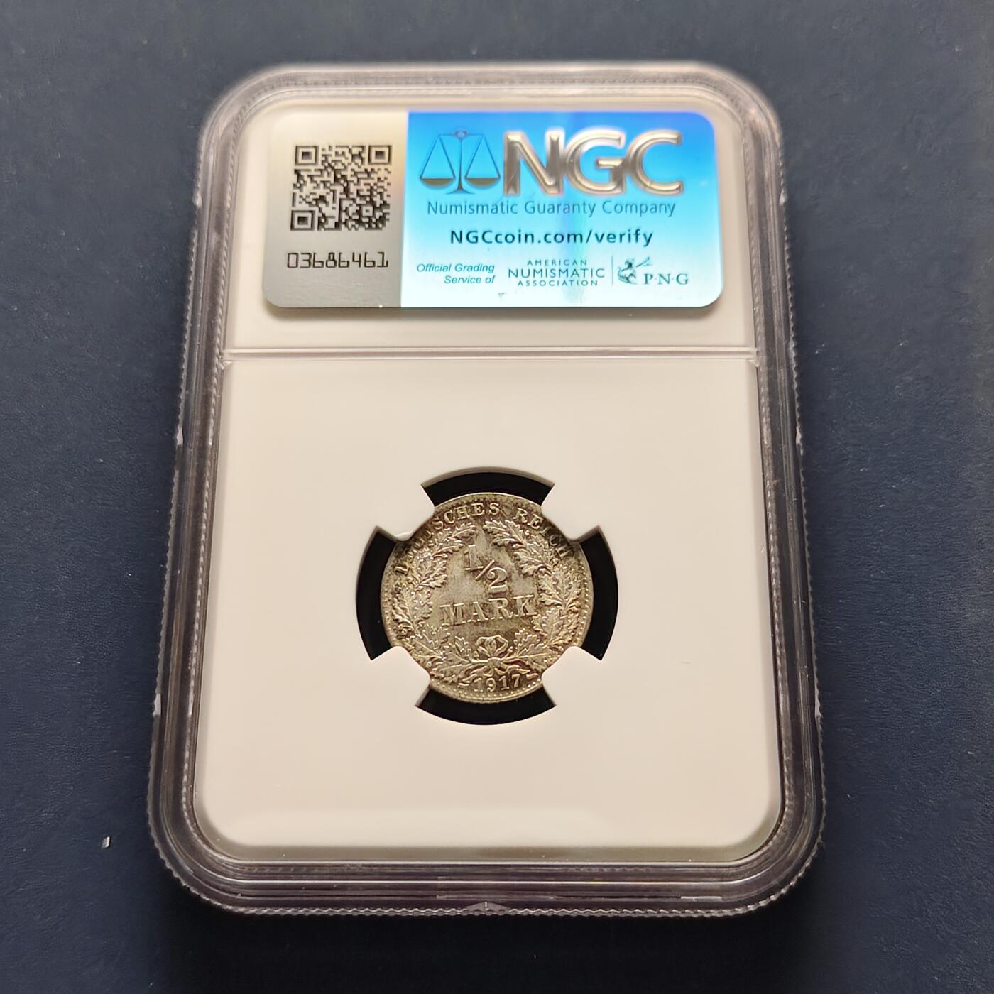 【全场包邮】纯粹捡漏拍493场 【收藏级】德国第二帝国1917年D厂1/2马克银币-NGC MS65