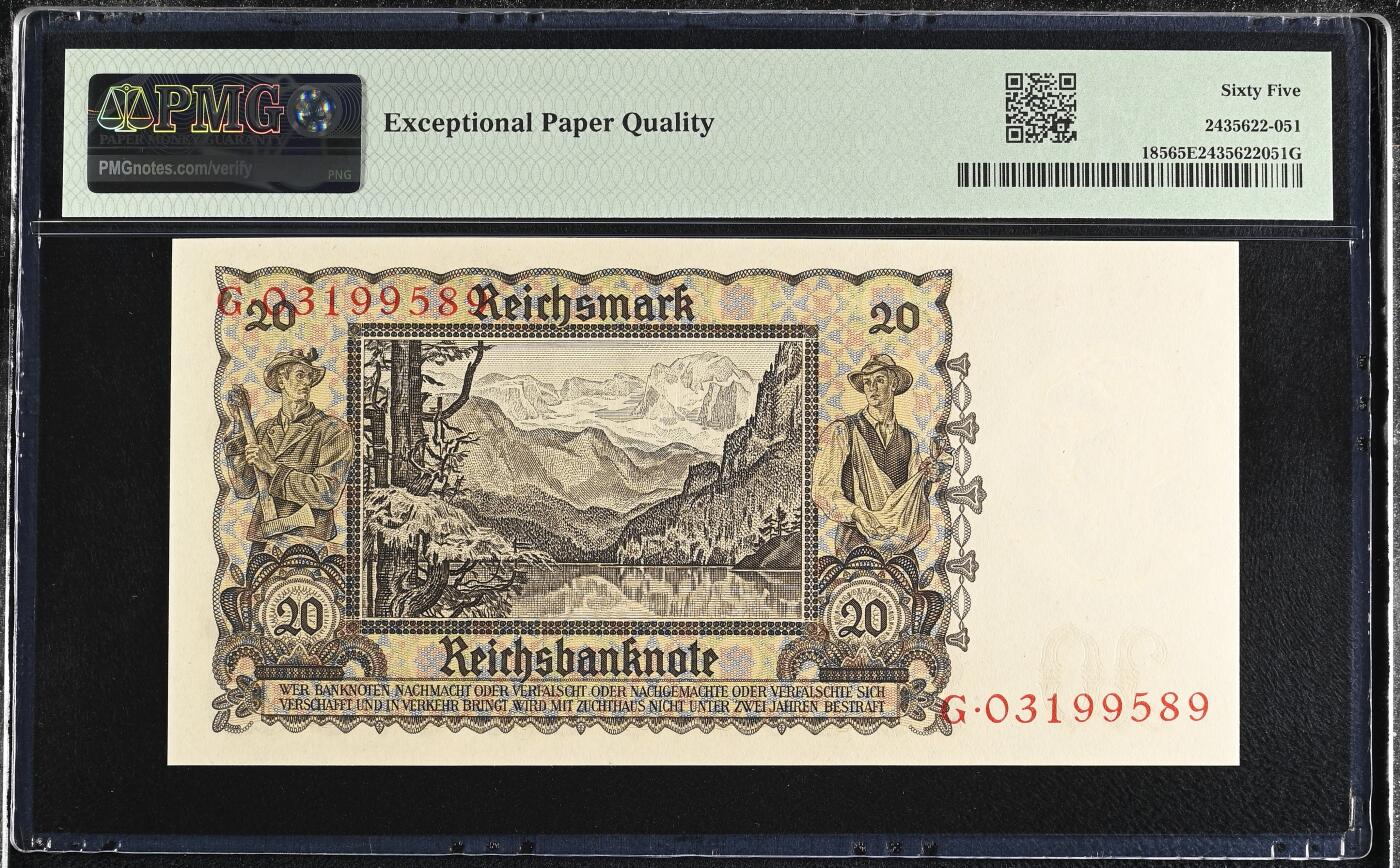 《艾美收藏》第228期-1.11周日外币精品 德国1939年早期老版本20马克PMG65E无47 与上一张连号
