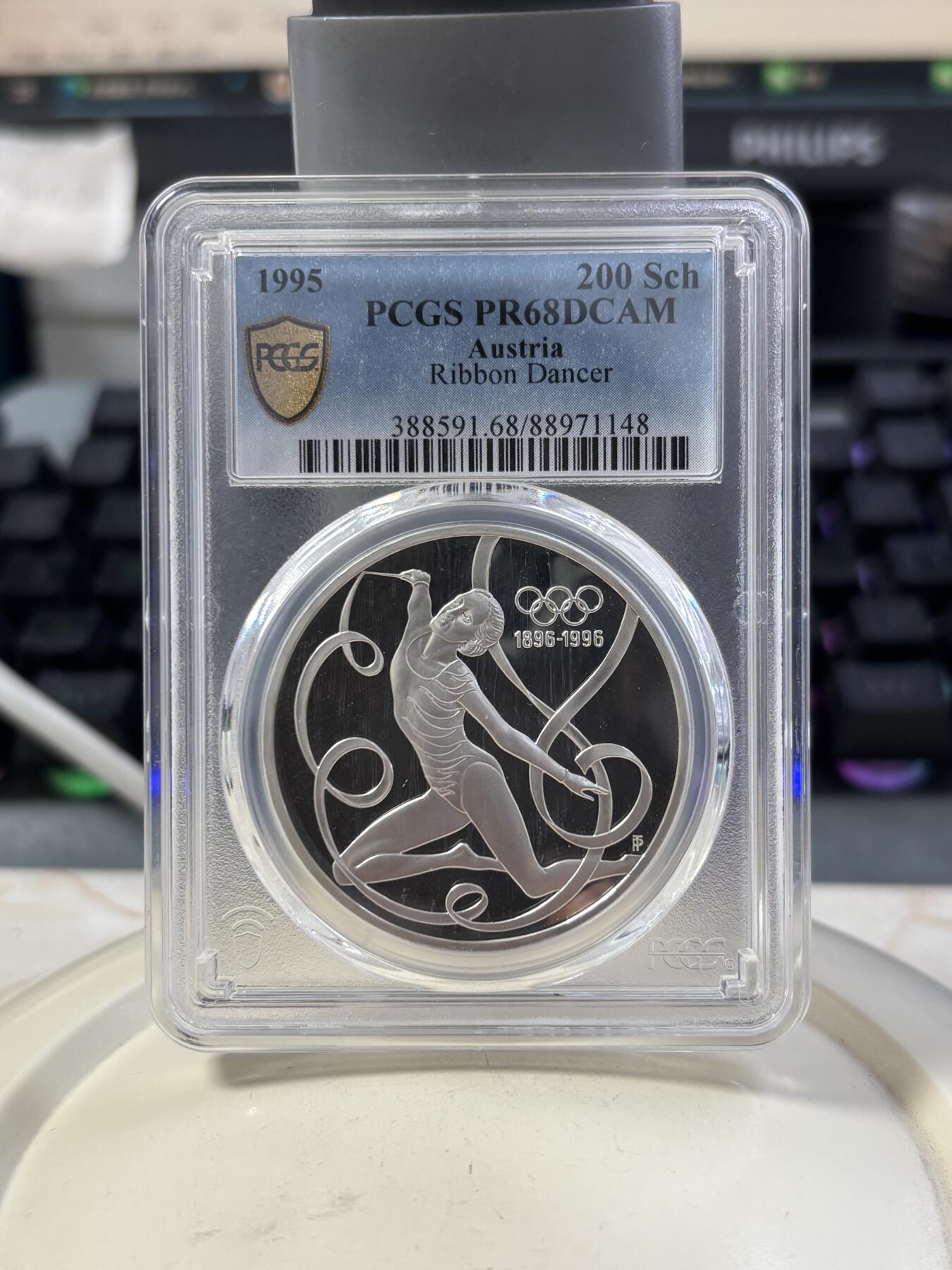 第187期拍卖 获奖币奥地利1995年奥运百年彩带舞1盎司纪念银币PCGS-PR68，1997年世界硬币大奖赛最佳克朗币，925银，