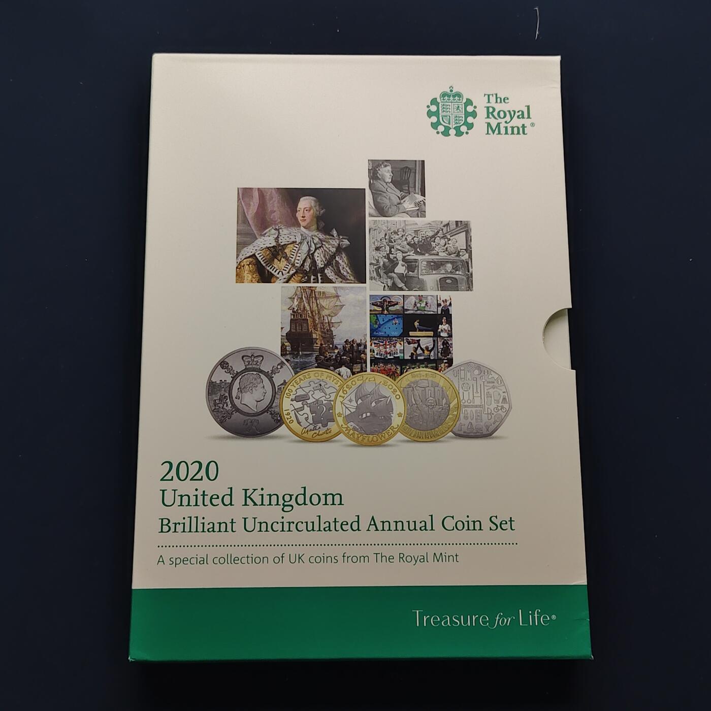 【全场包邮】纯粹捡漏拍492场【封装套币专场】-注意佣金 英国2020年官方封装套币--含盾徽版套币+5镑乔治三世逝世200周年+2镑欧洲胜利日75周年+2镑阿加莎·克里斯蒂女士第一部小说100周年+2镑五月花号400周年+50便士东京奥运会英国代表队5枚纪念币