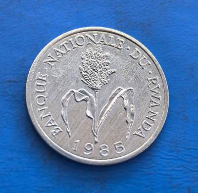 外国优质银币非洲美洲币，周六九点倒数截拍，满百包邮，持续收拍 - 卢旺达1985 年 1 法郎币，正面绘该国作物高粱，背面展国徽元素（鹰、国旗），承载卢旺达农业符号与国家标识，兼具地域经济文化与时代收藏价值。