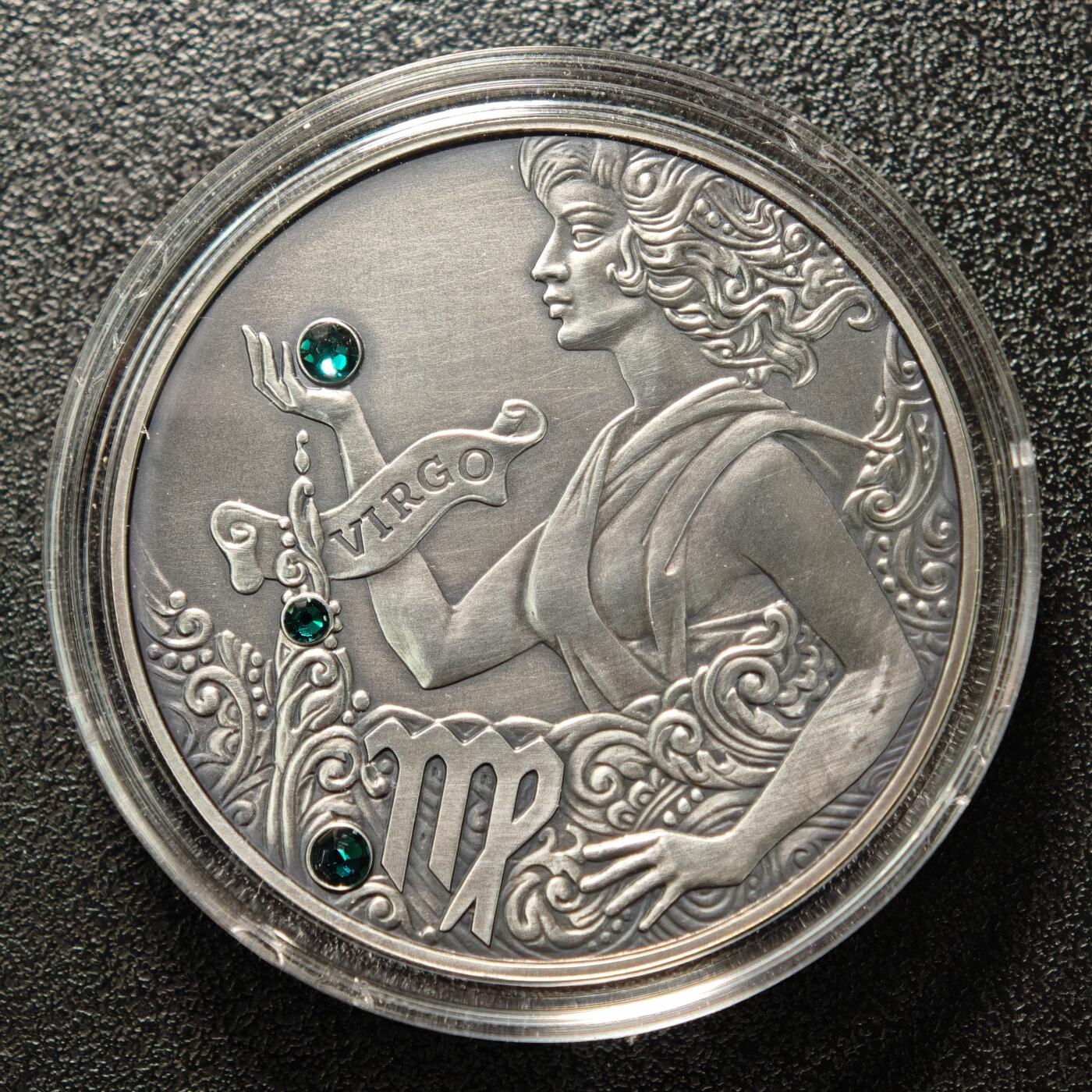 【德藏】世界币章拍卖第161期 2014年 白俄罗斯十二星座系列镶嵌施华洛世奇水晶20卢布仿古银币-处女座 直径38.61mm；重28.28g，925银，原盒，立陶宛代铸