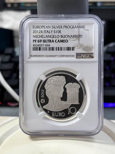 第187期拍卖 - 意大利2012年开朗基罗和大卫像精制纪念银币NGC-PF69原盒证书，925银，22克，发行17000枚
