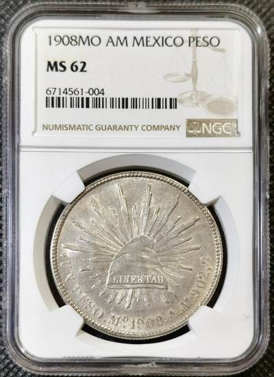 “甄选寰宇 · 臻藏岁华”新年精品场（直播拍卖）-甄臻铺-世界币章拍卖（第47期）送拍享返佣金等优惠多多 - NGC-MS62 1908年MO AM墨西哥直边鹰洋，转光耀眼，状态一流