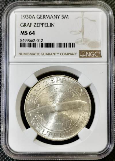 “甄选寰宇 · 臻藏岁华”新年精品场（直播拍卖）-甄臻铺-世界币章拍卖（第47期）送拍享返佣金等优惠多多 - NGC-MS64，1930A德国魏玛齐柏林飞艇5马克，高分好评难得