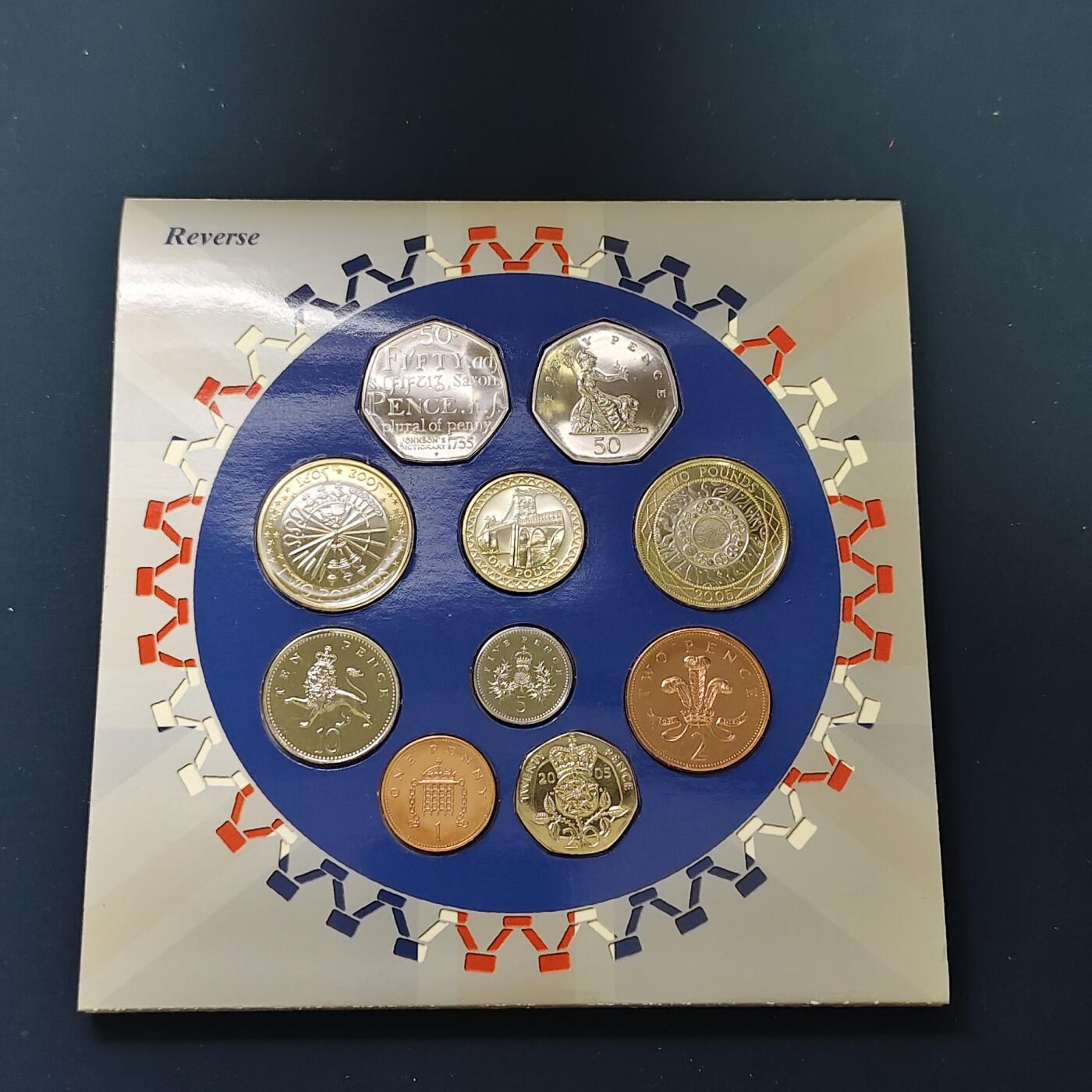 【全场包邮】纯粹捡漏拍492场【封装套币专场】-注意佣金 英国2005年官方封装套币-含2镑火药阴谋+2镑机械时代+1镑梅奈桥+50便士约翰逊词典+流通套币