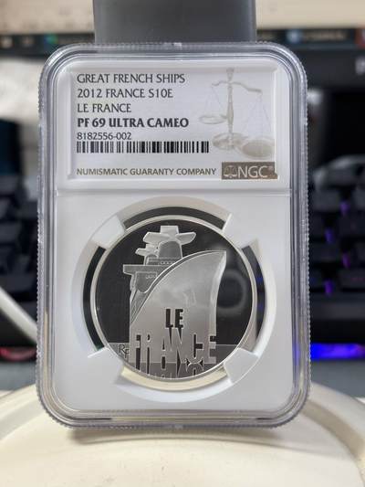第187期拍卖 - 获奖法国2012年伟大船舶法兰西号邮轮银币NGC-PF69，900银，22.2克，获年度最佳银币