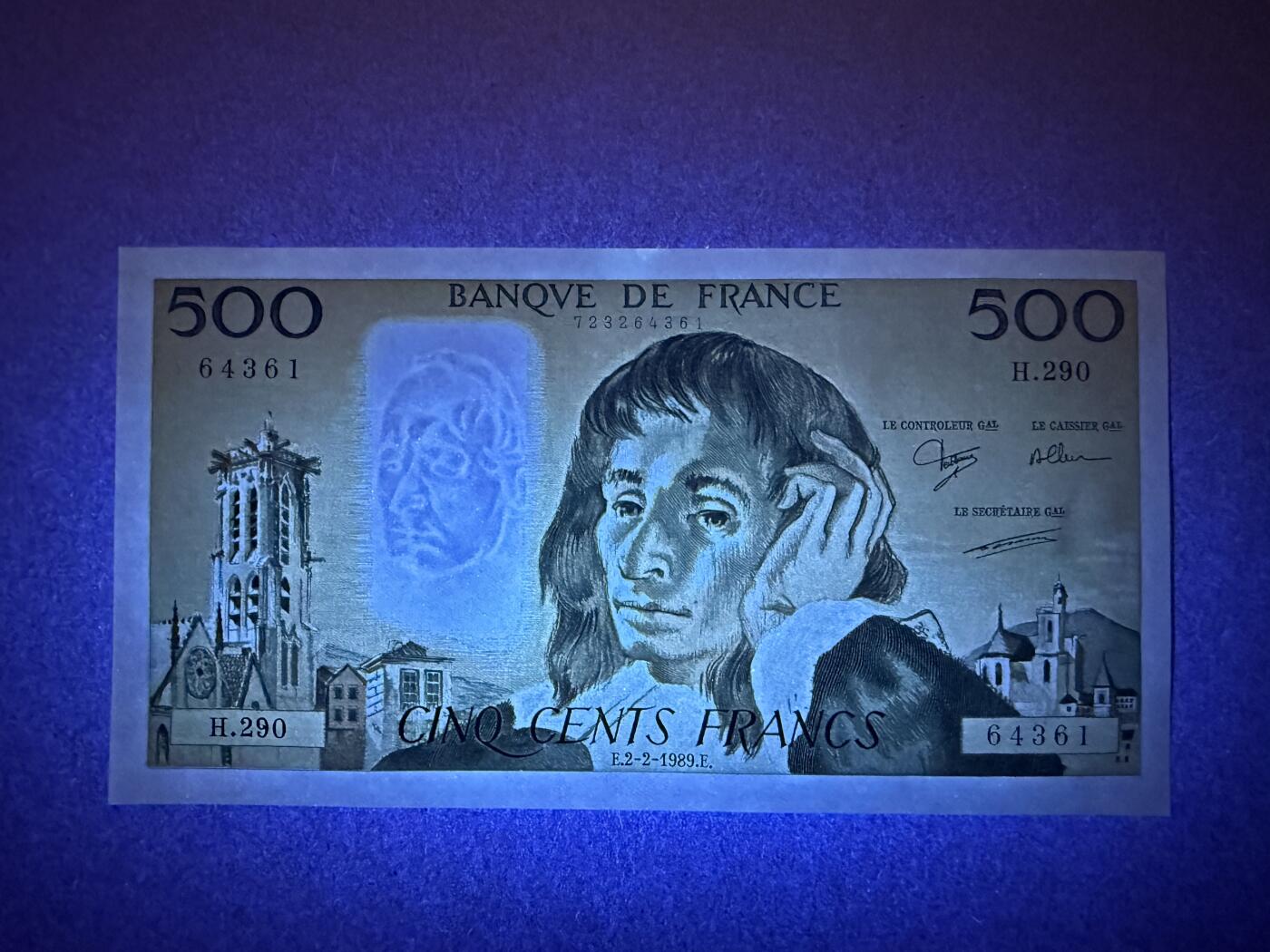 《艾美收藏》第228期-1.11周日外币精品 法国500法郎 UNC 1989年 法国数学家帕斯卡