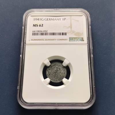 【全场包邮】纯粹捡漏拍493场 - 德国第三帝国1941年G厂1芬尼锌币-NGC MS62