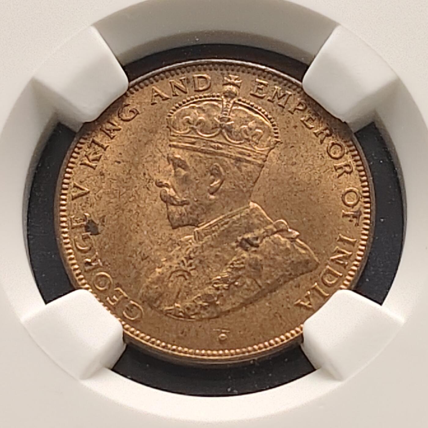 【全场包邮】纯粹捡漏拍493场 香港1934年乔治五世1分铜币-NGC MS64 RB