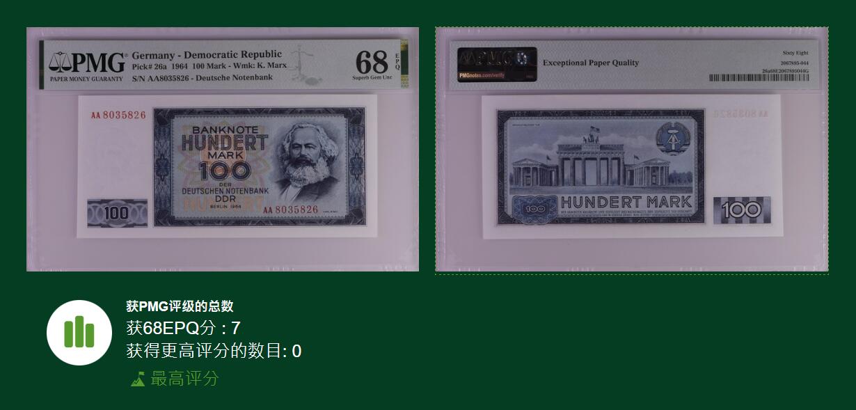 🐍甜小邱世界纸币收藏🐍第139期精品场💐 【冠军分+AA首发冠无47靓号】PMG68 民主德国 100马克 最高值 马克思 1964